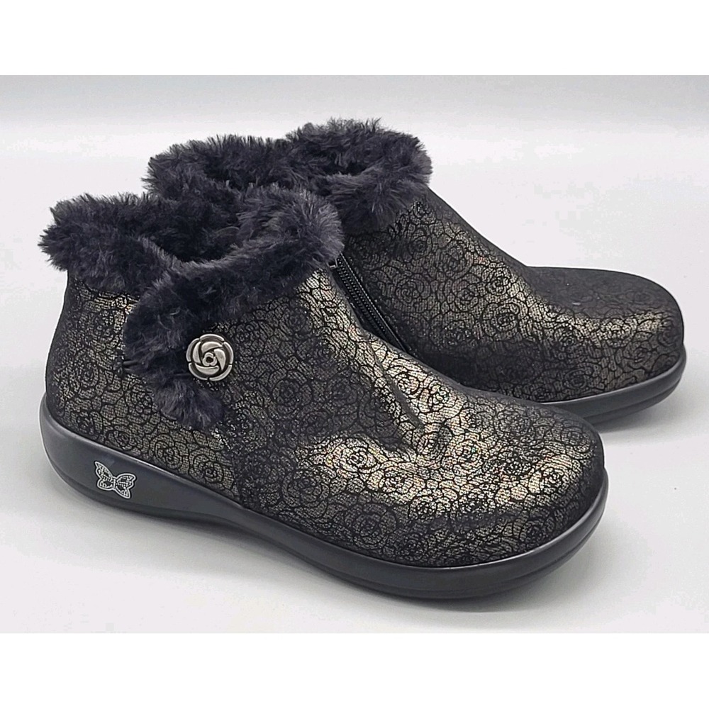 New Alegria Meri Ankle Boots Black Leather Floral Metallic Sz 40/9.5-10
